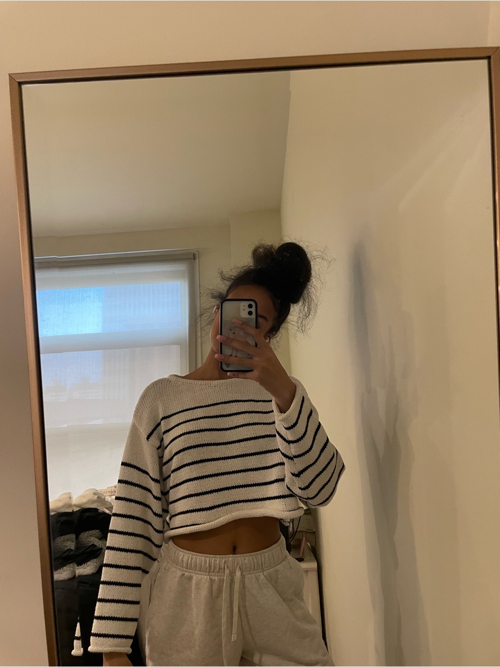 Arizona Jean Company Cream and Black Striped Crewneck Sweater